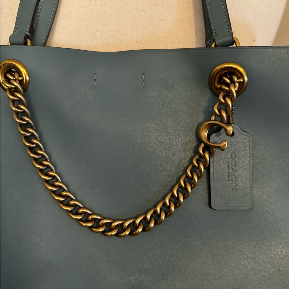 Coach Teal Leather Tote with Gold Chain - Picture 4 of 16